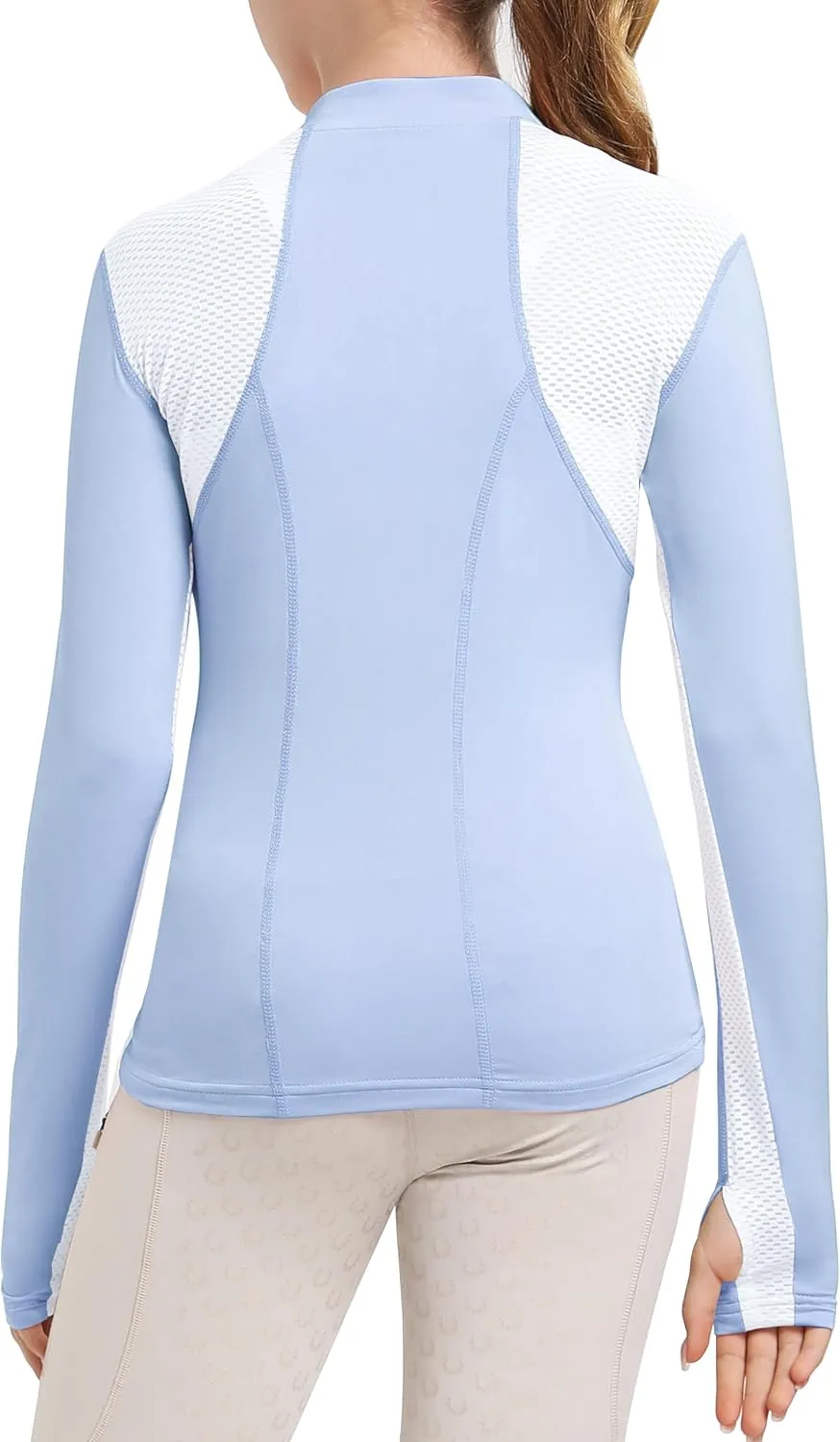 FitsT4 Sports Girls Long Sleeves Shirts Thumbhole English Horse Riding Shirt UPF50 Quick Dry Kids Equestrain Half Zip Jacket