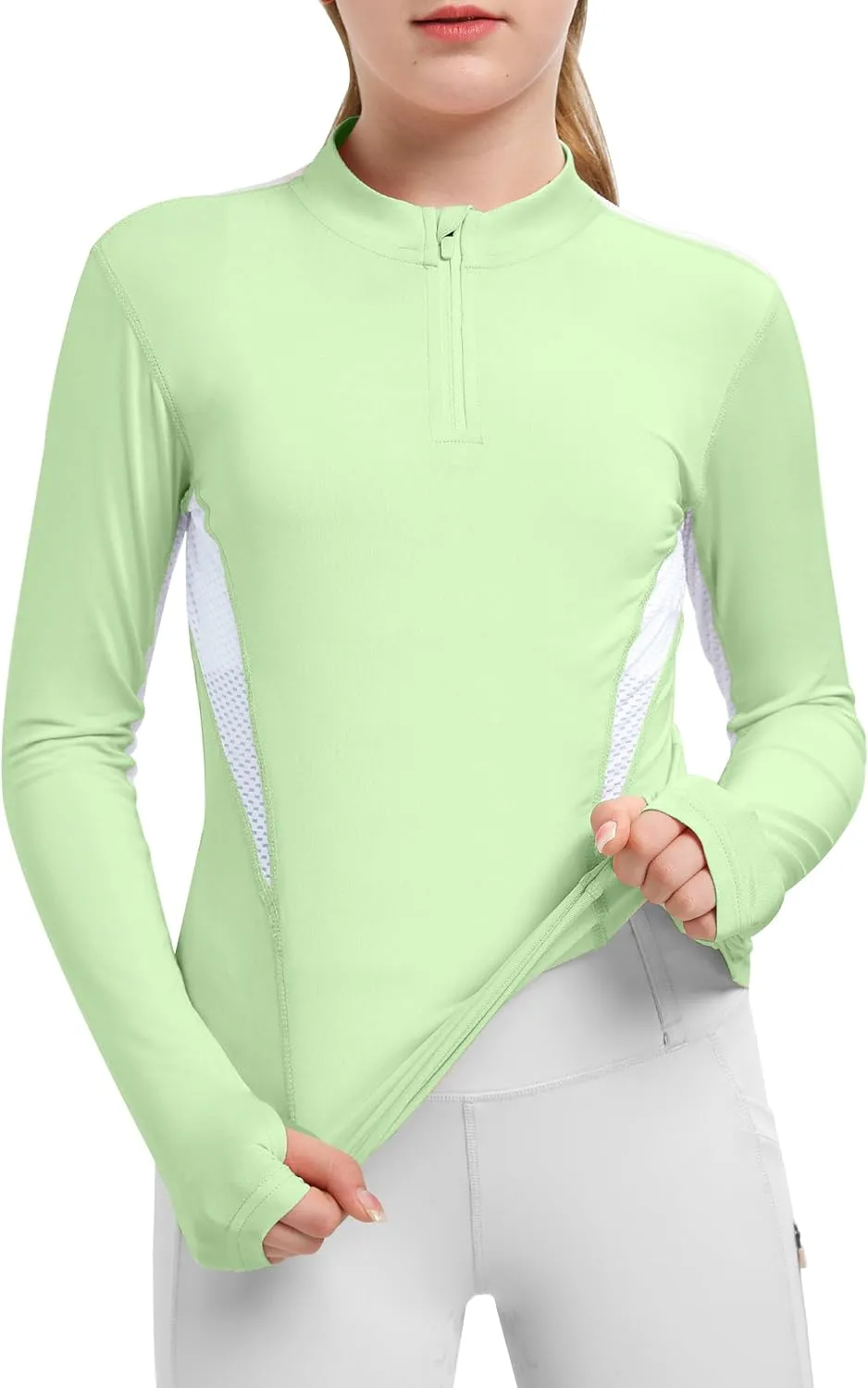 FitsT4 Sports Girls Long Sleeves Shirts Thumbhole English Horse Riding Shirt UPF50 Quick Dry Kids Equestrain Half Zip Jacket