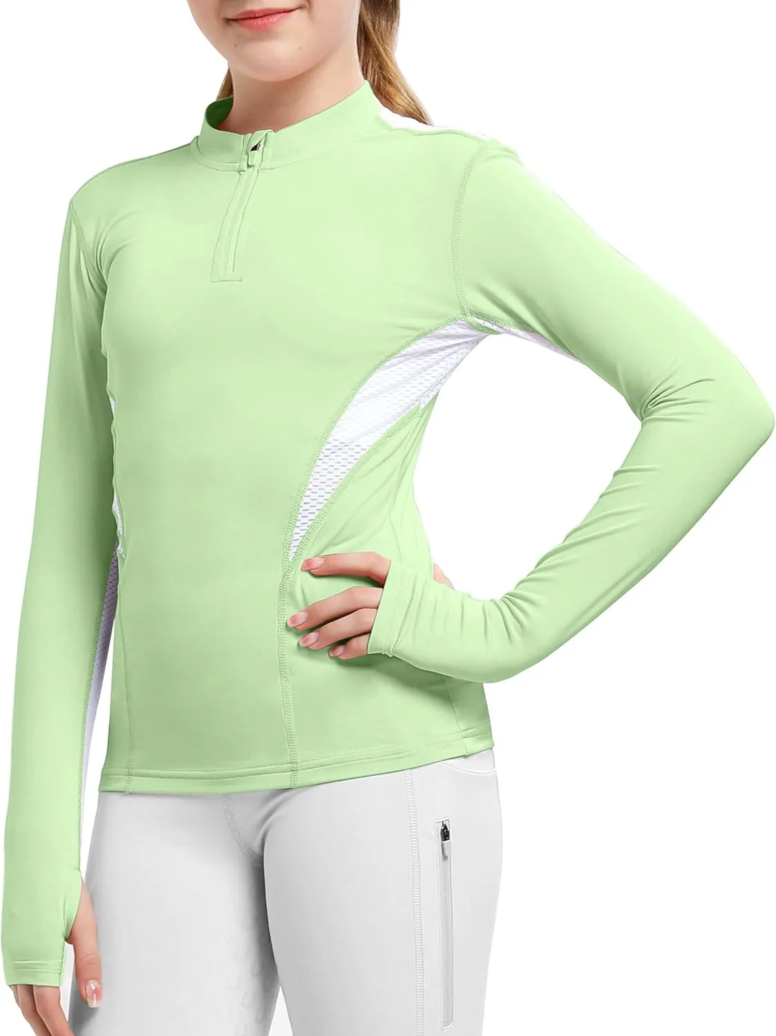 FitsT4 Sports Girls Long Sleeves Shirts Thumbhole English Horse Riding Shirt UPF50 Quick Dry Kids Equestrain Half Zip Jacket