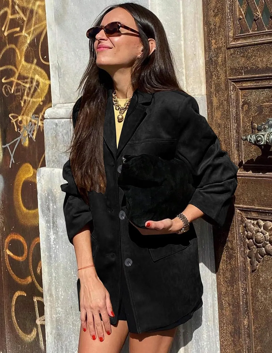 Flygo Womens Faux Suede Blazer Jacket Vintage Long Sleeve Button Down Casual Blazer Business Work Outfits