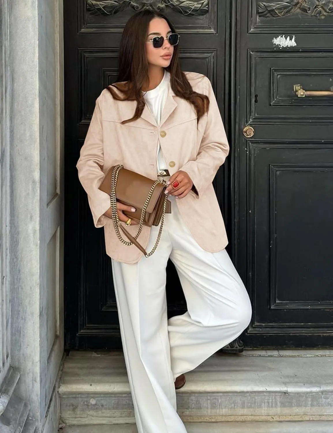 Flygo Womens Faux Suede Blazer Jacket Vintage Long Sleeve Button Down Casual Blazer Business Work Outfits