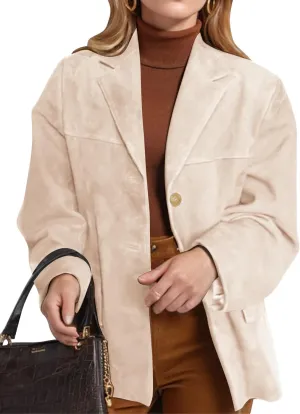 Flygo Womens Faux Suede Blazer Jacket Vintage Long Sleeve Button Down Casual Blazer Business Work Outfits
