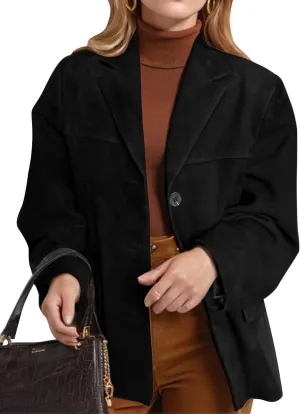 Flygo Womens Faux Suede Blazer Jacket Vintage Long Sleeve Button Down Casual Blazer Business Work Outfits