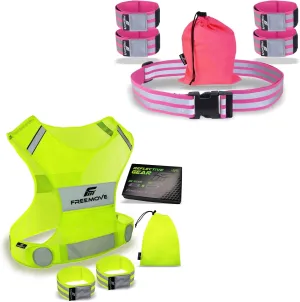 FREEMOVE Reflective Vest; Size Large with 2X Bands & Carry Bag   Reflective Belt with 4X Bands & Carry Bag Pink