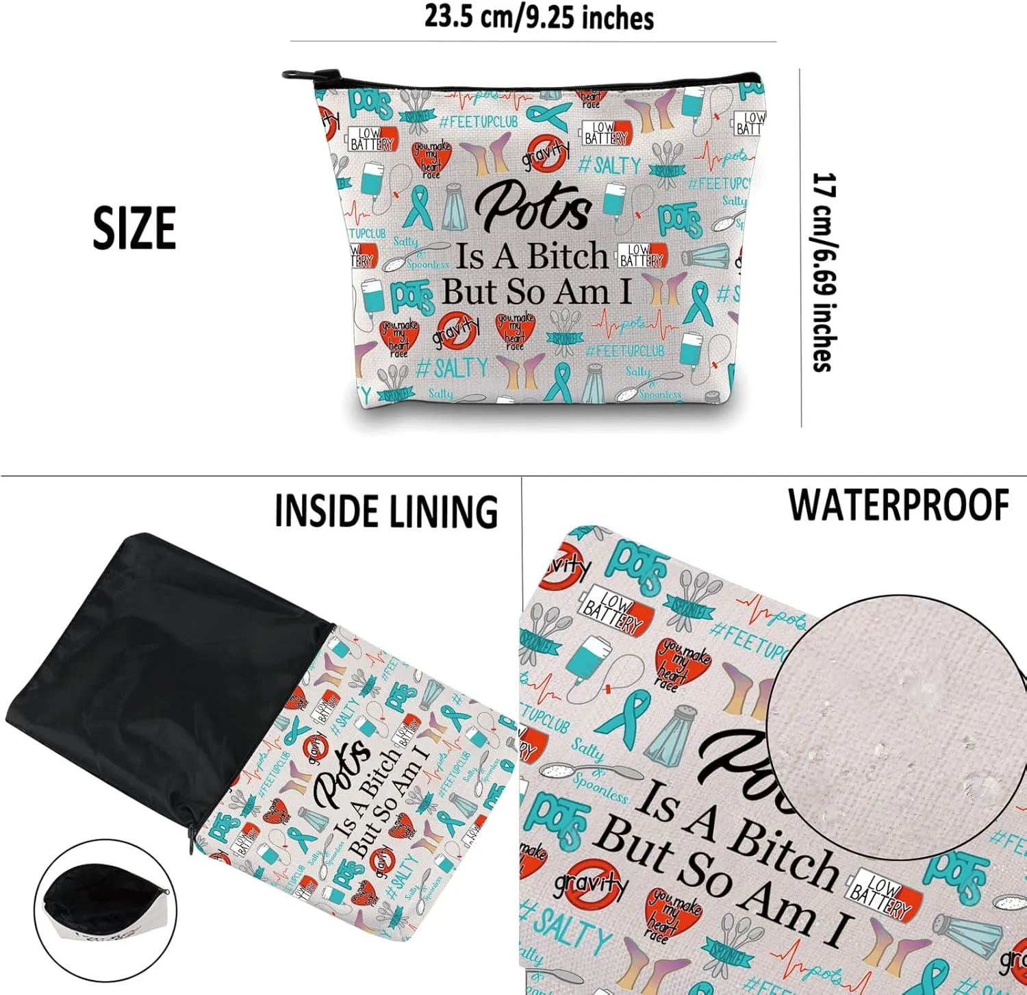 G2TUP POTS Inspired Gift - Makeup Bag, Awareness Cosmetic Bag, POTS Syndrome Fighter Gift