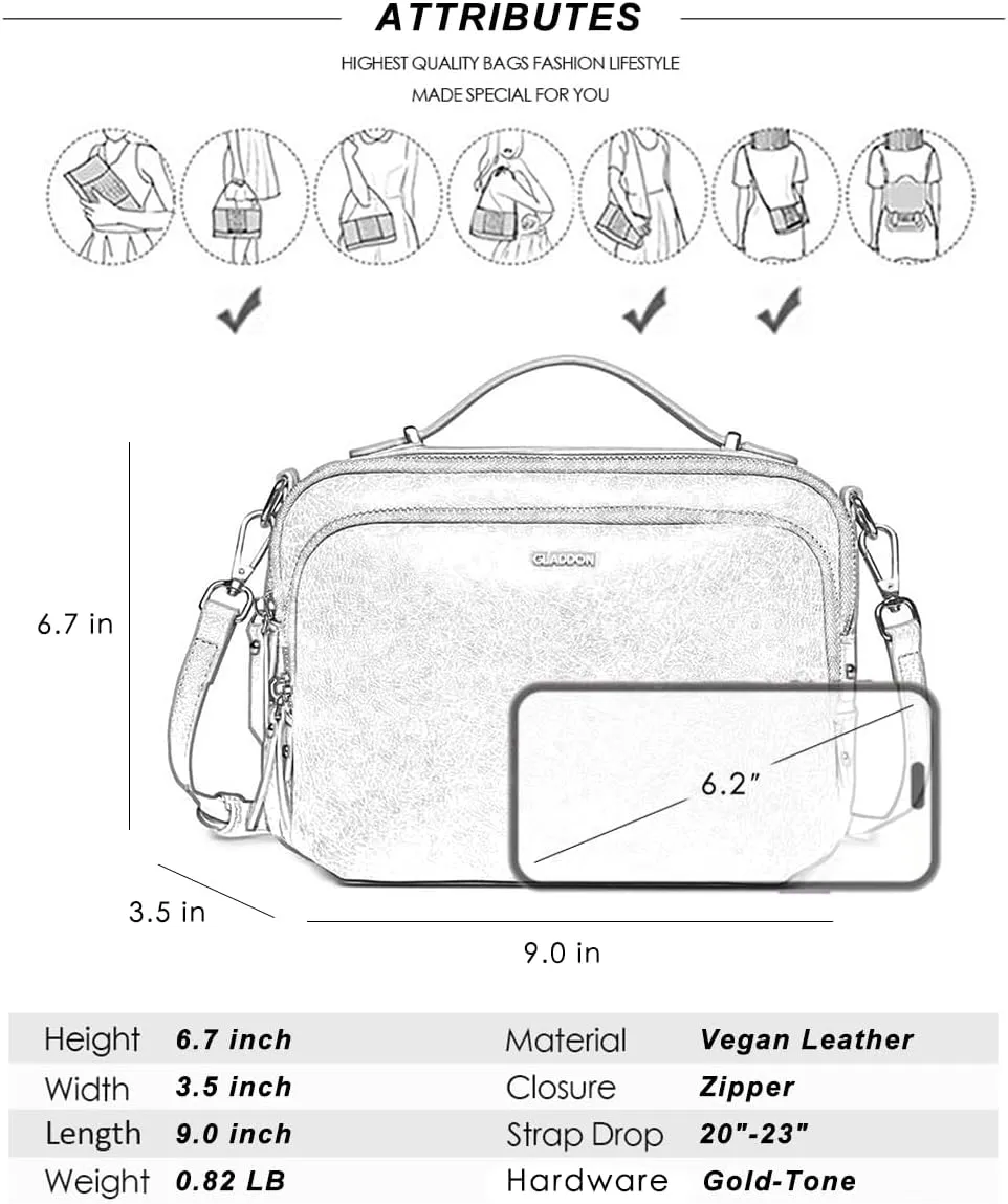 GLITZALL Multi Pockets Crossbody Bags for Women Small Top Handle Purse Satchel and Medium Pocketbooks with Soft Vegan Leather