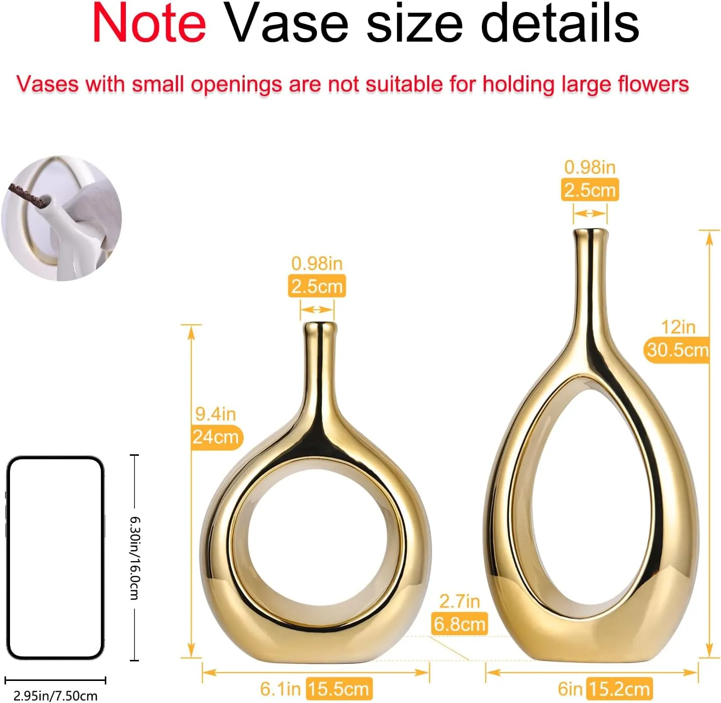 Glossy Gold Vase Ceramic Gold Vases Home Decor,Modern Minimalist Circle with Hole Decorative Vase, Hollow Ellipse Flower vases for Bookshelf, Fireplace Mantle, Centerpieces,Farmhouse,Rustic Décor