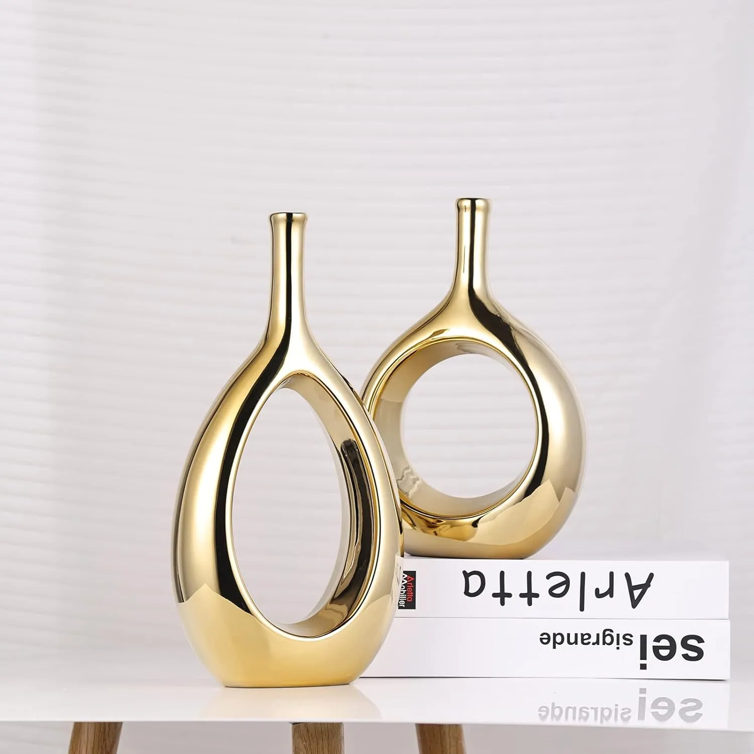 Glossy Gold Vase Ceramic Gold Vases Home Decor,Modern Minimalist Circle with Hole Decorative Vase, Hollow Ellipse Flower vases for Bookshelf, Fireplace Mantle, Centerpieces,Farmhouse,Rustic Décor