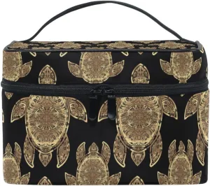 Gold Sea Turtle in Indigenous Tribal Polynesian Maori Tattoo on Dark Beauty Cosmetic with Zipper Brush Portable Storage Bag, Fashion printing Toiletry, Durable Travel Organizer Tote Unisex Gifts