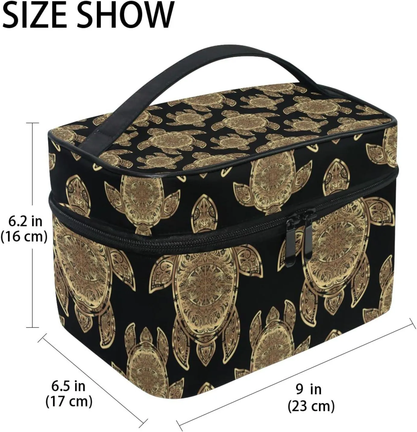 Gold Sea Turtle in Indigenous Tribal Polynesian Maori Tattoo on Dark Beauty Cosmetic with Zipper Brush Portable Storage Bag, Fashion printing Toiletry, Durable Travel Organizer Tote Unisex Gifts