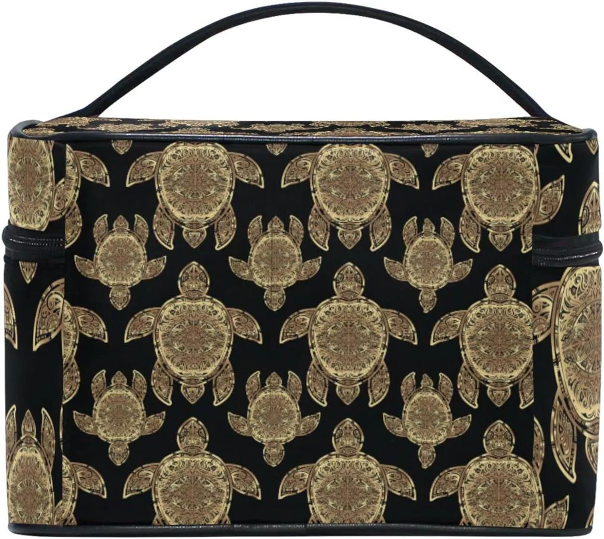 Gold Sea Turtle in Indigenous Tribal Polynesian Maori Tattoo on Dark Beauty Cosmetic with Zipper Brush Portable Storage Bag, Fashion printing Toiletry, Durable Travel Organizer Tote Unisex Gifts