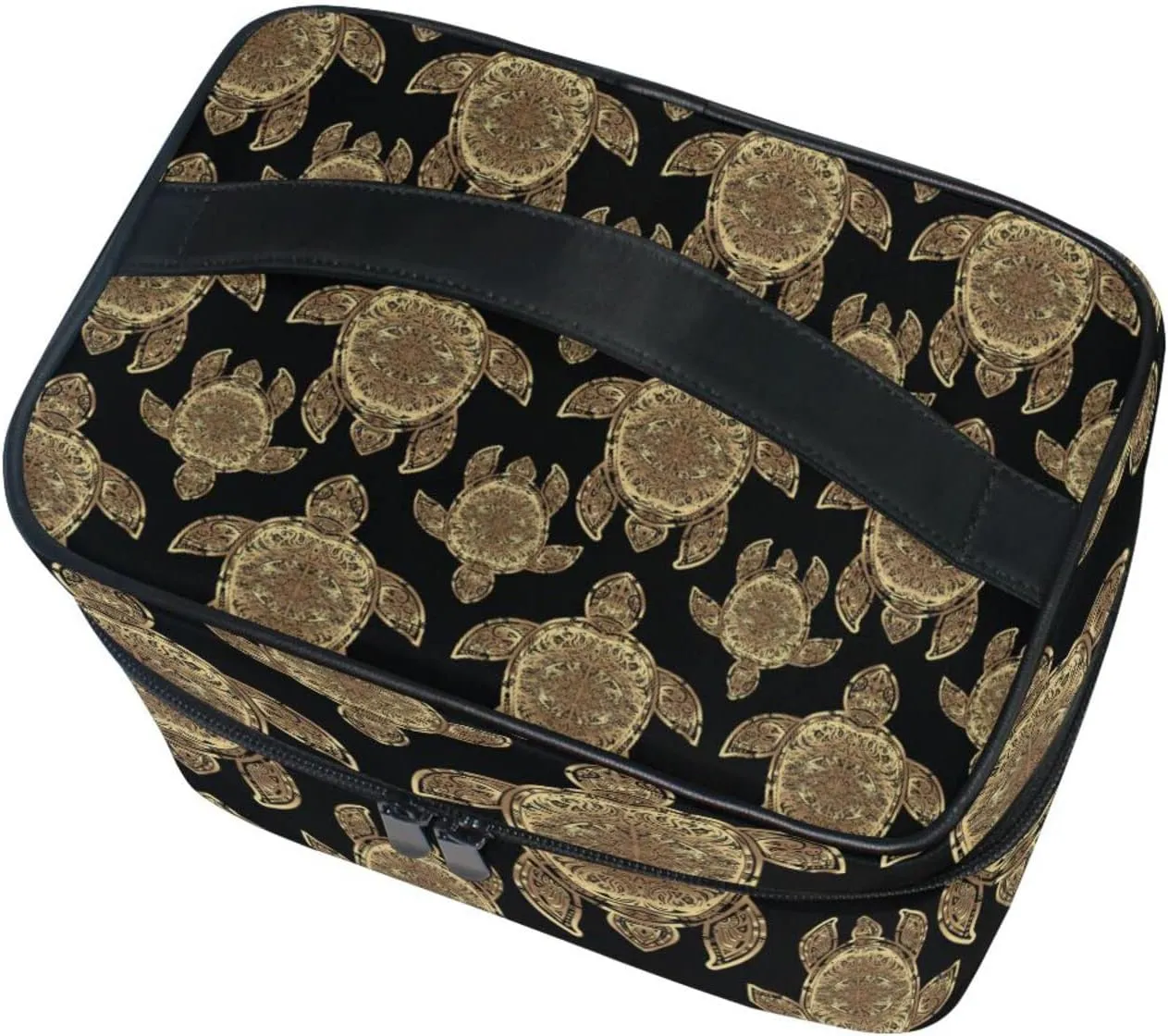 Gold Sea Turtle in Indigenous Tribal Polynesian Maori Tattoo on Dark Beauty Cosmetic with Zipper Brush Portable Storage Bag, Fashion printing Toiletry, Durable Travel Organizer Tote Unisex Gifts