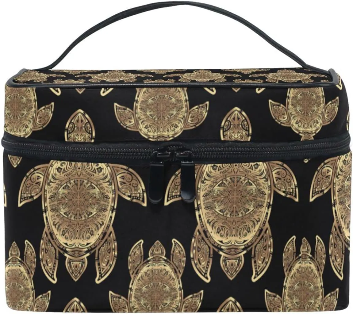 Gold Sea Turtle in Indigenous Tribal Polynesian Maori Tattoo on Dark Beauty Cosmetic with Zipper Brush Portable Storage Bag, Fashion printing Toiletry, Durable Travel Organizer Tote Unisex Gifts