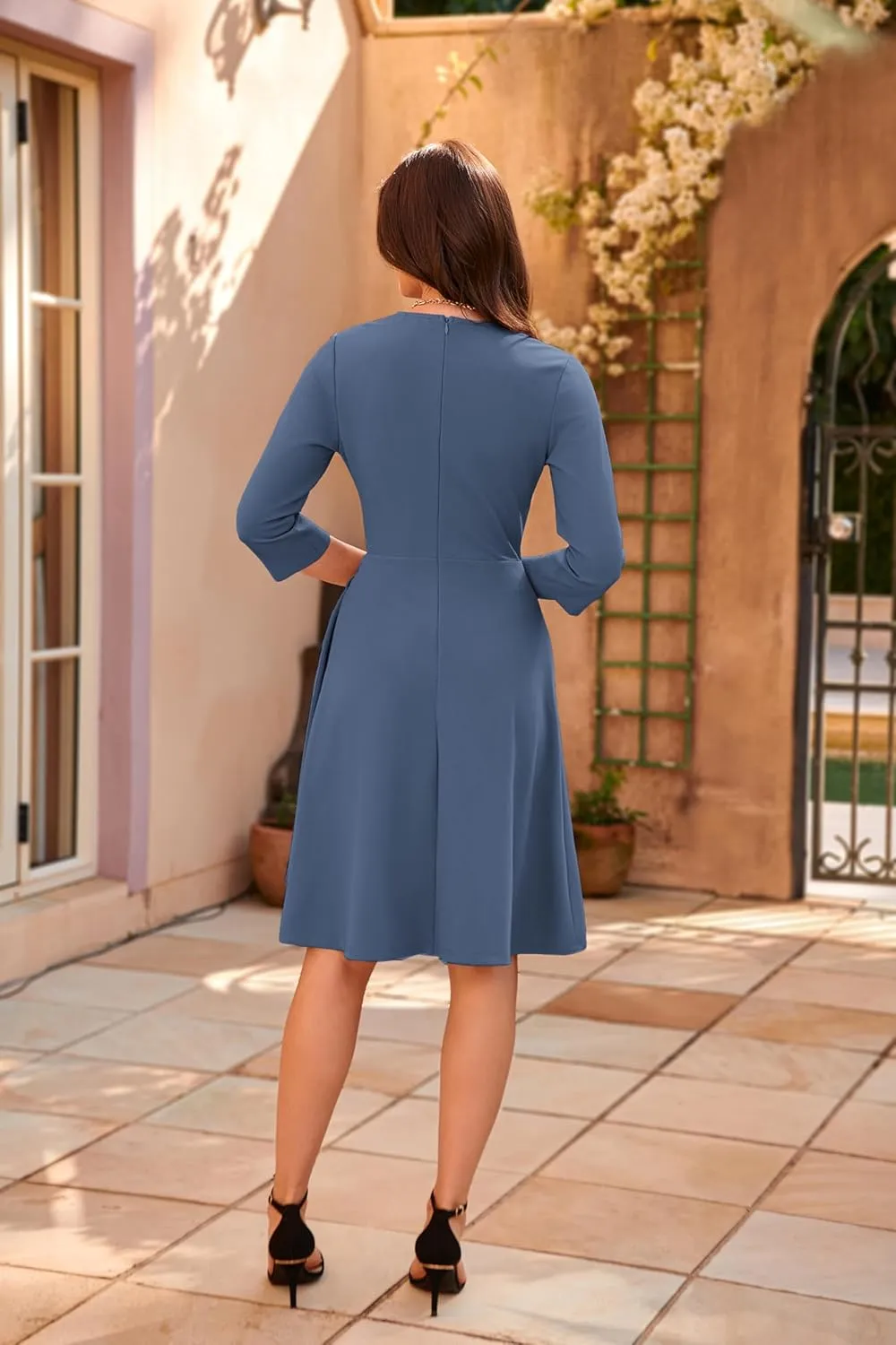 GRACE KARIN Womens Cocktail Dress Faux Wrap V Neck Pleated 3/4 Sleeve Stretchy Midi A Line Wedding Guest Dress