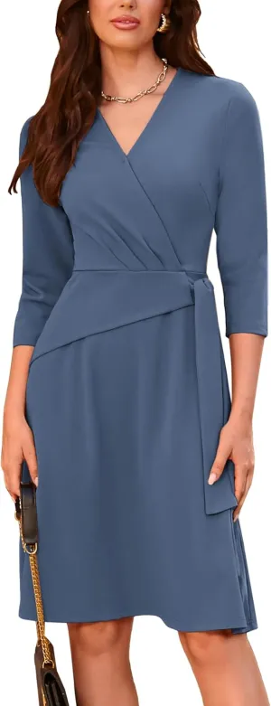 GRACE KARIN Womens Cocktail Dress Faux Wrap V Neck Pleated 3/4 Sleeve Stretchy Midi A Line Wedding Guest Dress