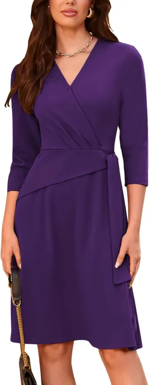 GRACE KARIN Womens Cocktail Dress Faux Wrap V Neck Pleated 3/4 Sleeve Stretchy Midi A Line Wedding Guest Dress