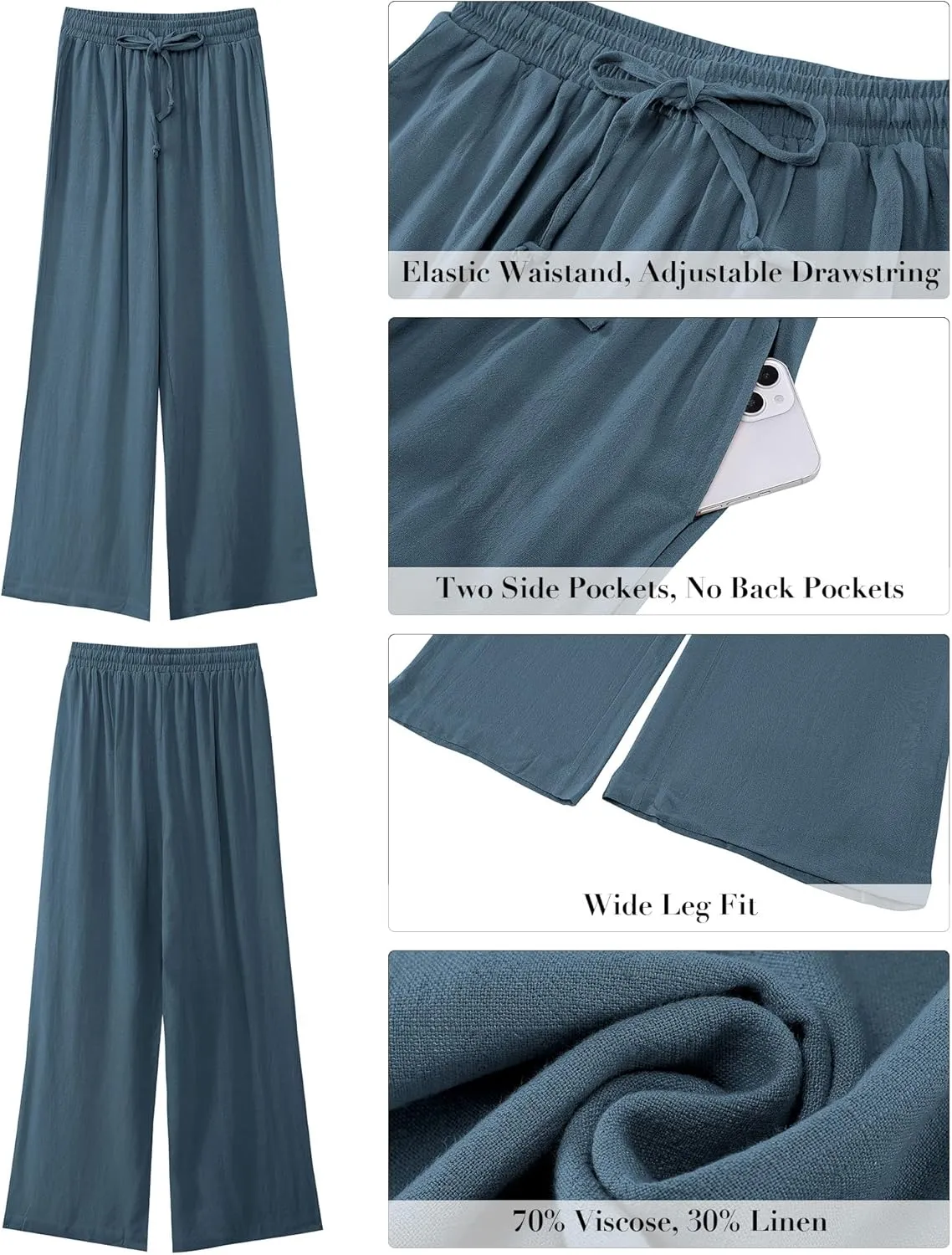 GRAPENT Wide Leg Pants Woman Linen High Waisted Pull On Flowy Casual Baggy Drawstring Palazzo Trousers Pants Resort Wear
