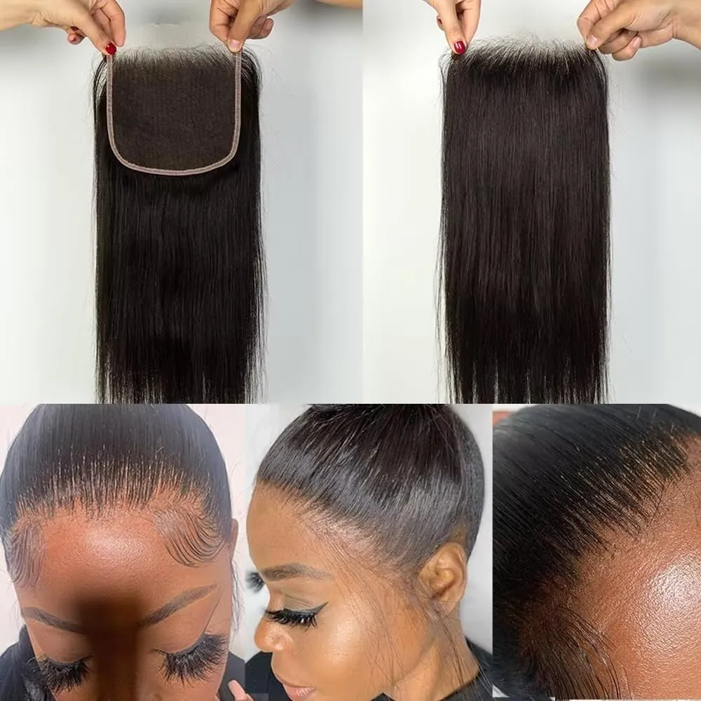 HD Lace Closure, Free Part Real 5x5 HD Lace Closure Human Hair Unprocessed Straight Hair Swiss Lace Closure Pre Plucked with Baby Hair Invisible Lace Frontal Closure Natural Black 14 Inch