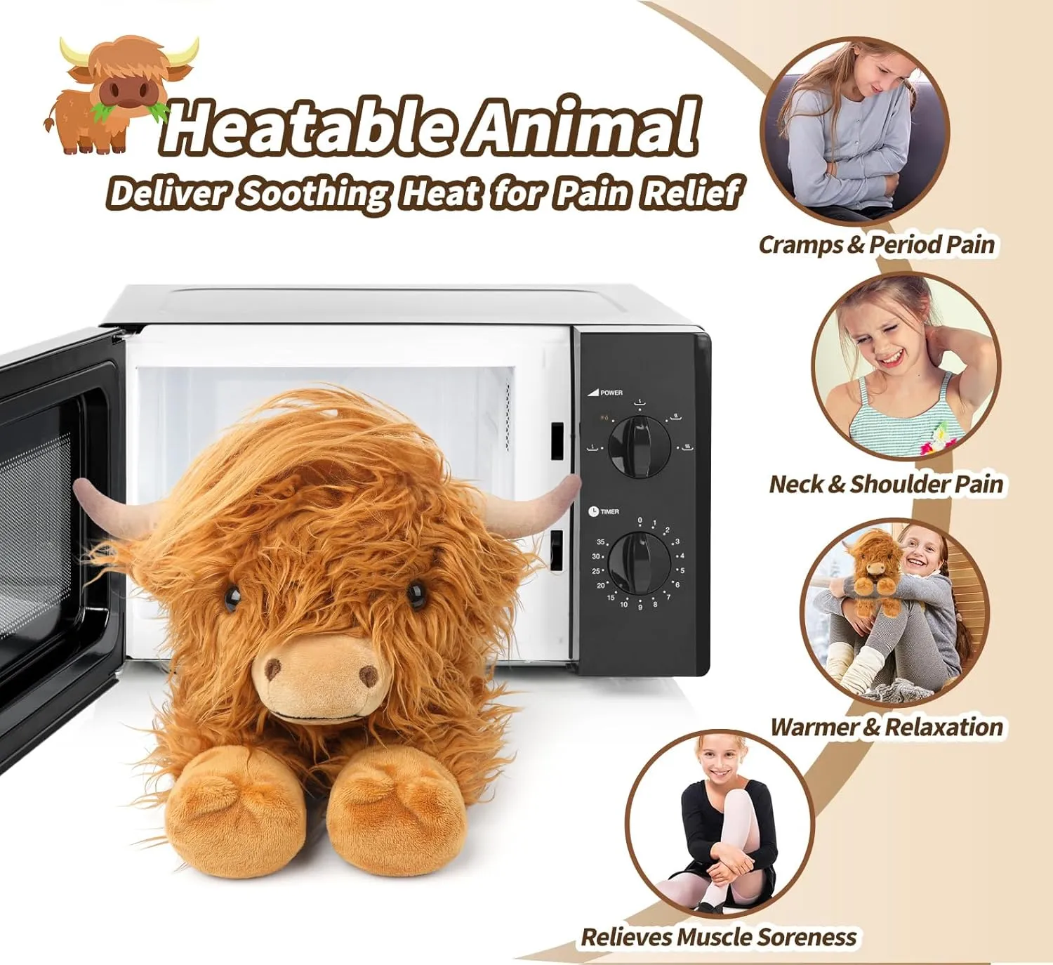 Highland Cow Stuffed Animals, Microwavable Stuffed Animals Heating Pad for Cramps, Pain Stress Relief, Heatable & Coolable Lavender Scented Cow Plush Toy for Anxiety, Women Kid Bedtime Highland Cattle