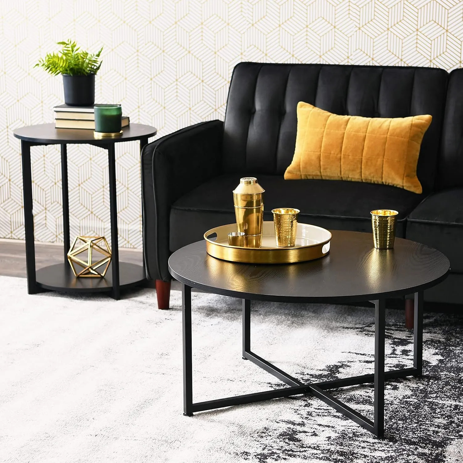 Household Essentials Jamestown Round Coffee Table Black Oak Wood Grain and Black Metal