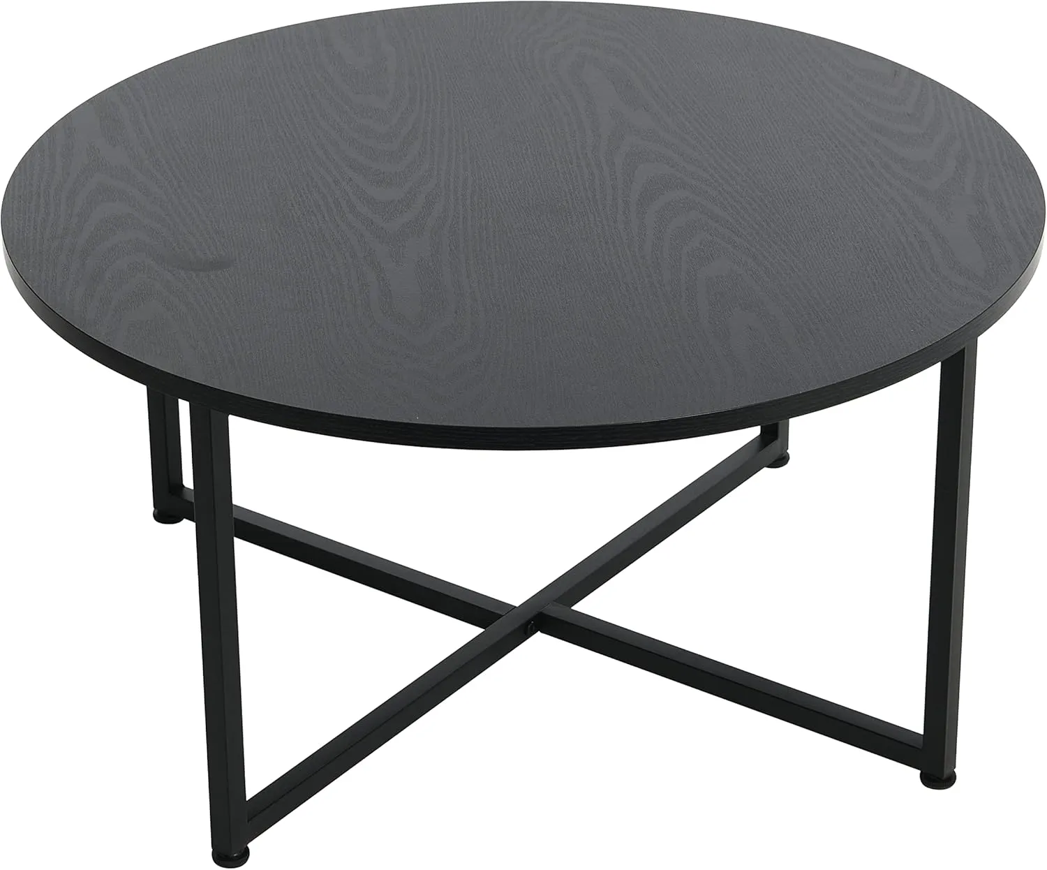 Household Essentials Jamestown Round Coffee Table Black Oak Wood Grain and Black Metal
