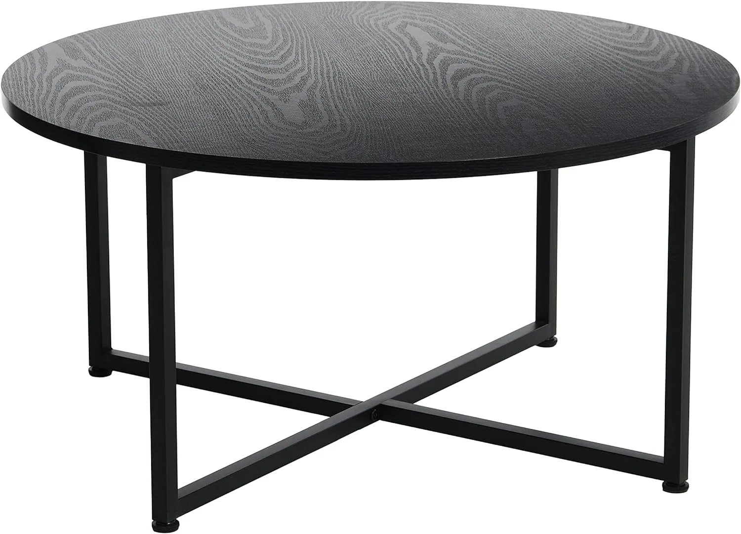 Household Essentials Jamestown Round Coffee Table Black Oak Wood Grain and Black Metal