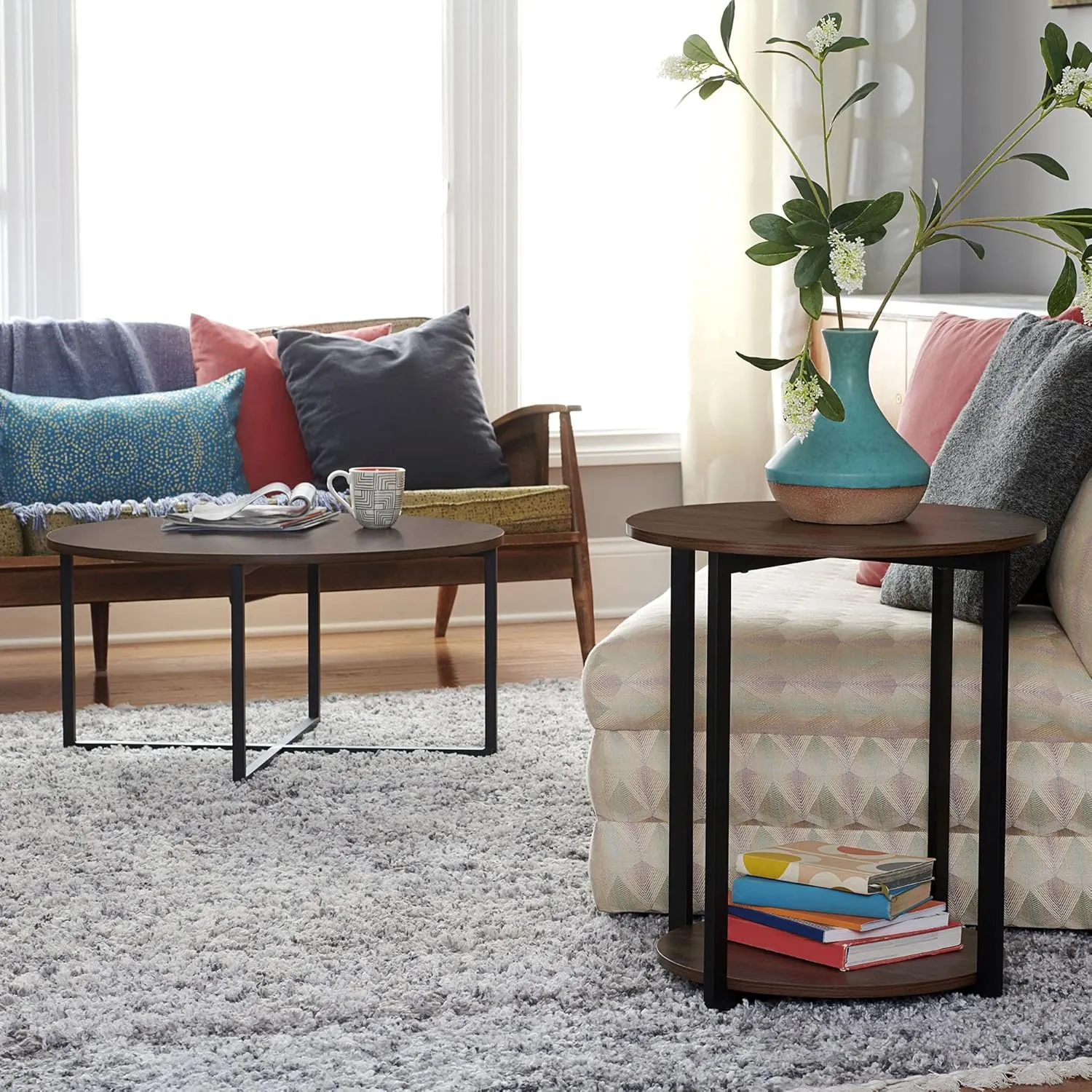 Household Essentials Jamestown Round Coffee Table Mid Century Walnut Wood Grain and Black Metal
