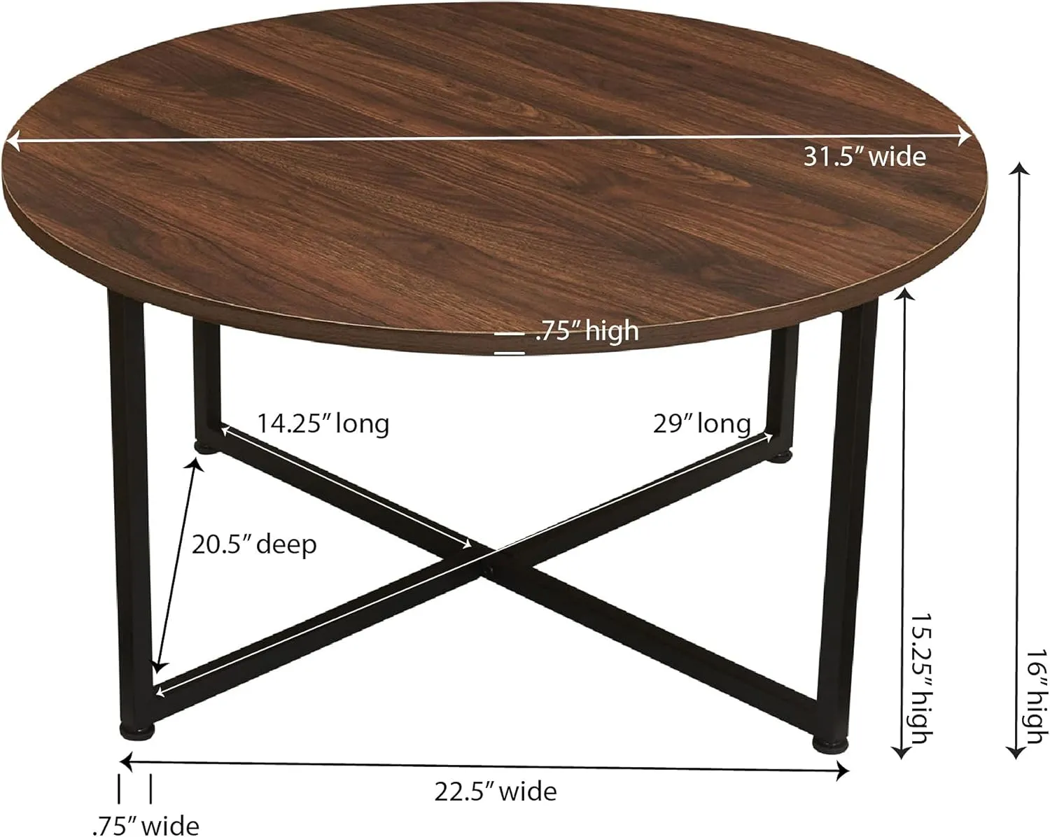 Household Essentials Jamestown Round Coffee Table Mid Century Walnut Wood Grain and Black Metal