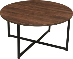 Household Essentials Jamestown Round Coffee Table Mid Century Walnut Wood Grain and Black Metal