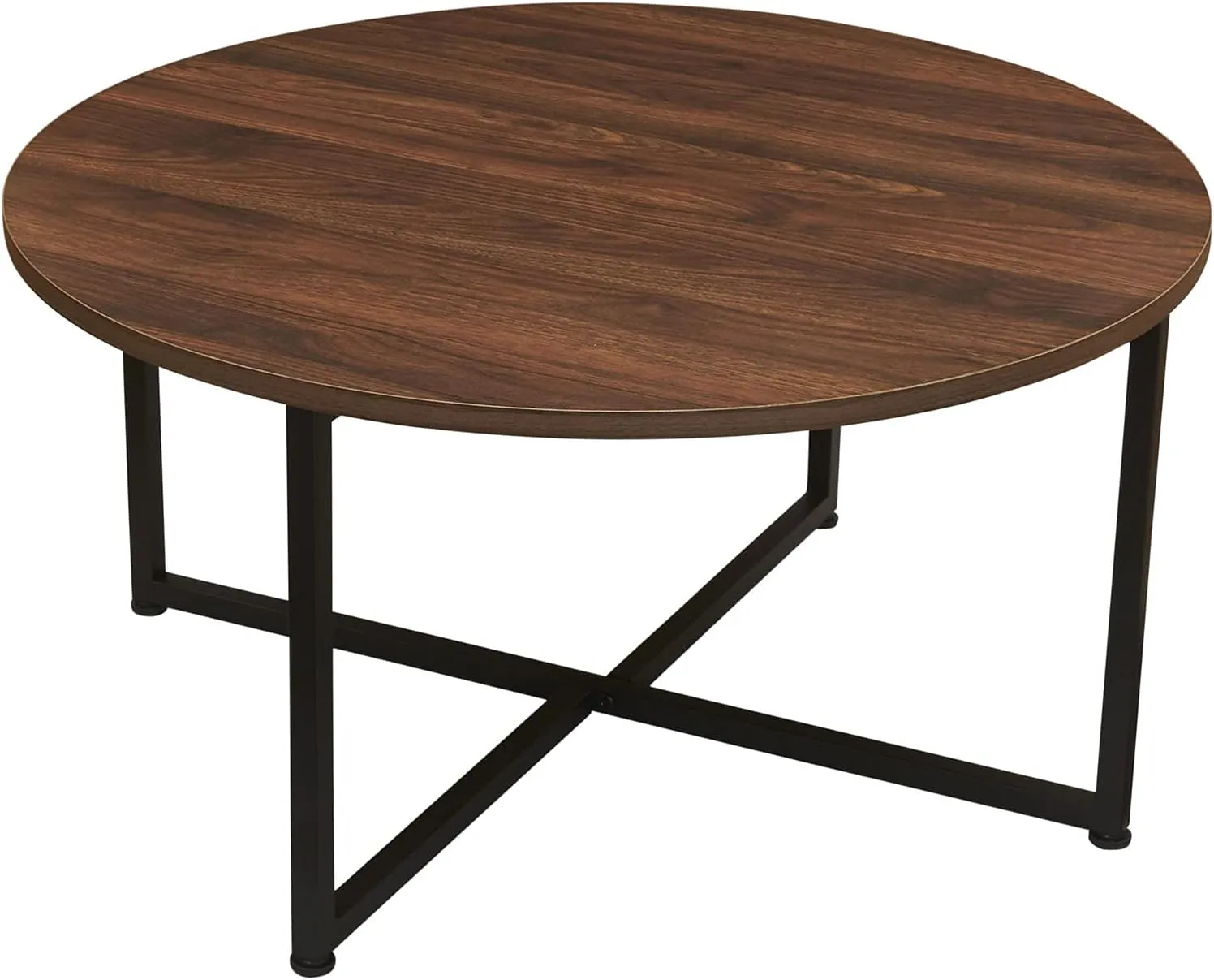 Household Essentials Jamestown Round Coffee Table Mid Century Walnut Wood Grain and Black Metal