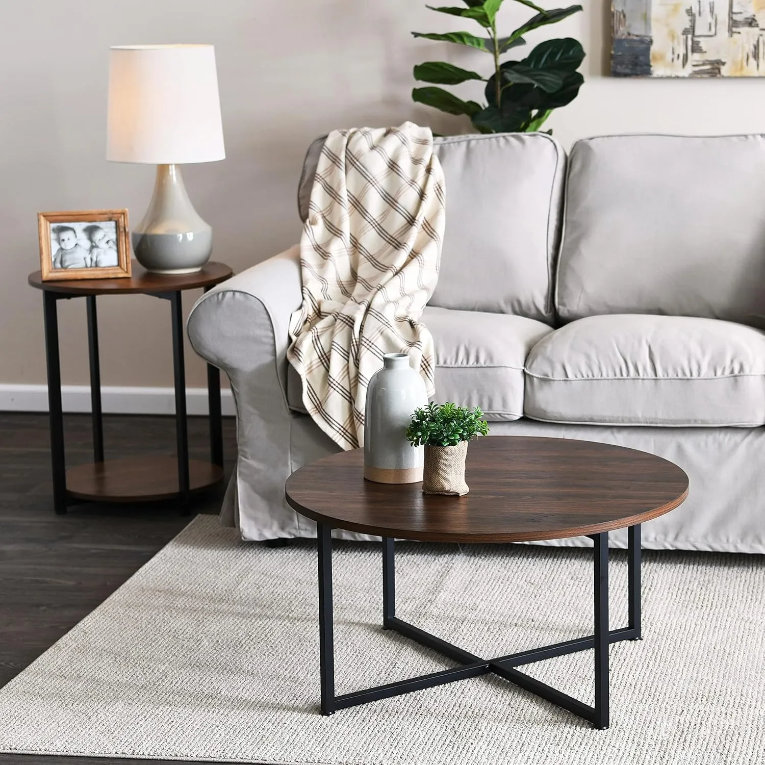 Household Essentials Jamestown Round Coffee Table Mid Century Walnut Wood Grain and Black Metal