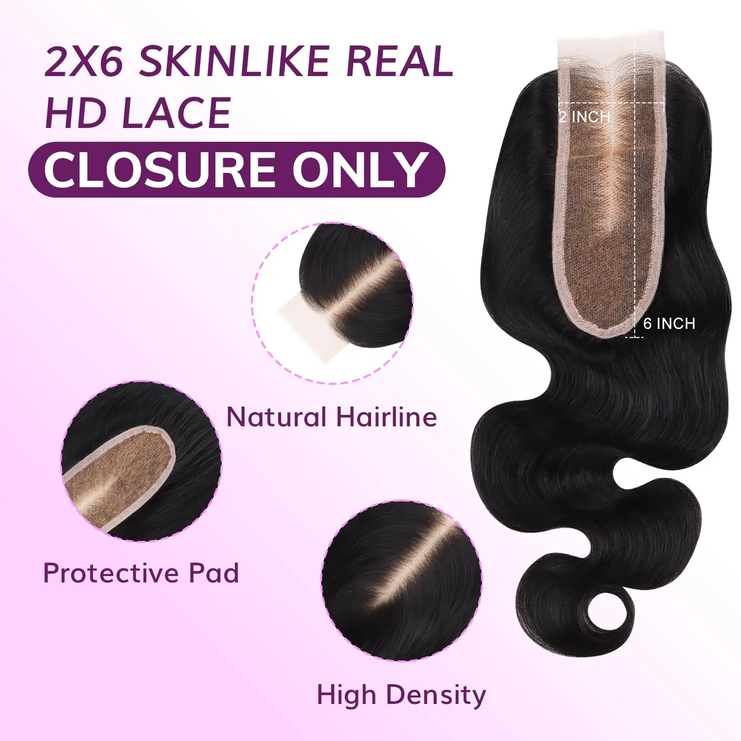 IDN BEAUTY SKINLIKE REAL HD 2X6 Lace Closure Human Hair 12 Inch Body Wave Closure Bleached Single Knots HD Closure Ultra-thin 2x6 Lace Closure Virgin Human Hair 0.1 mm Pre Plucked Hairline Closure