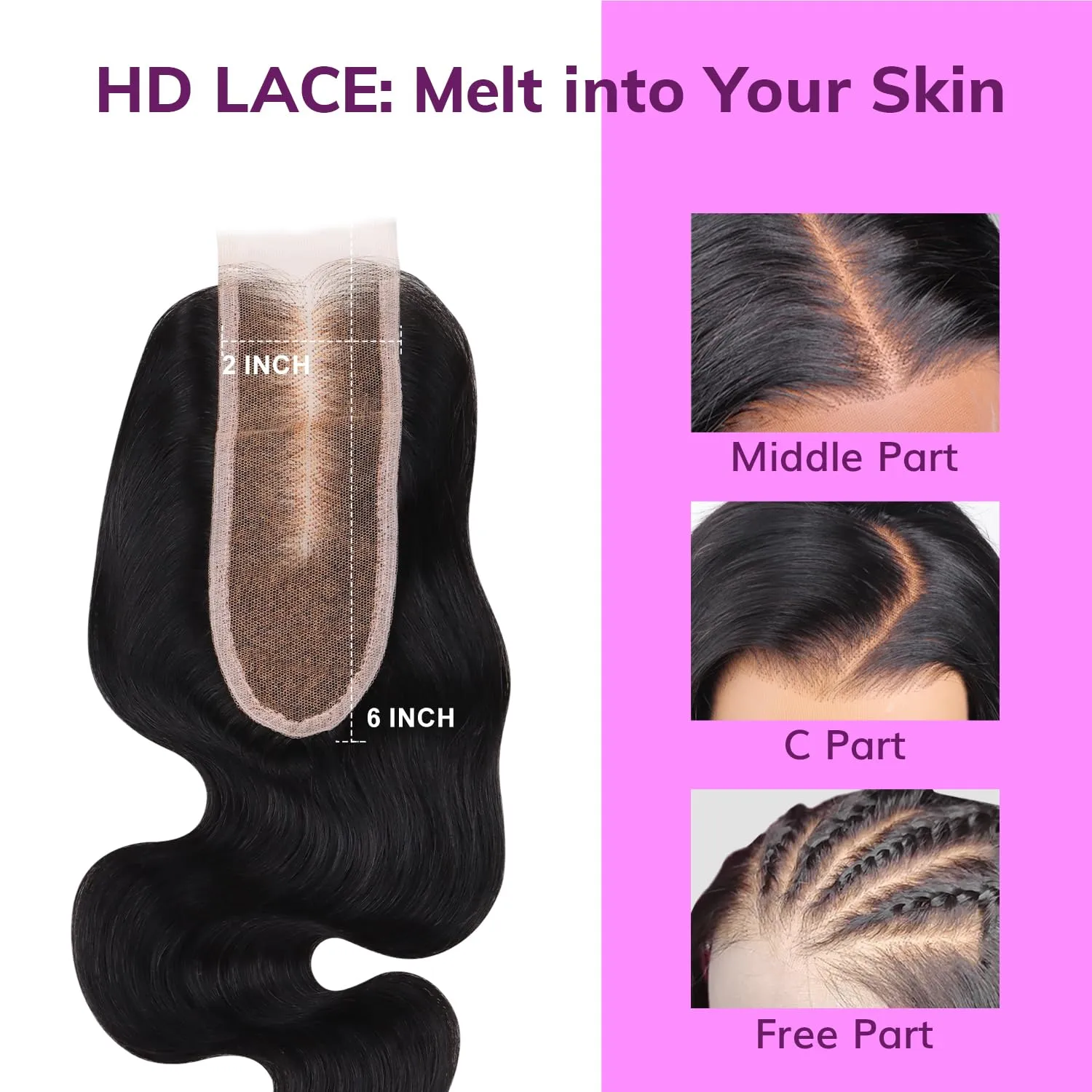 IDN BEAUTY SKINLIKE REAL HD 2X6 Lace Closure Human Hair 12 Inch Body Wave Closure Bleached Single Knots HD Closure Ultra-thin 2x6 Lace Closure Virgin Human Hair 0.1 mm Pre Plucked Hairline Closure