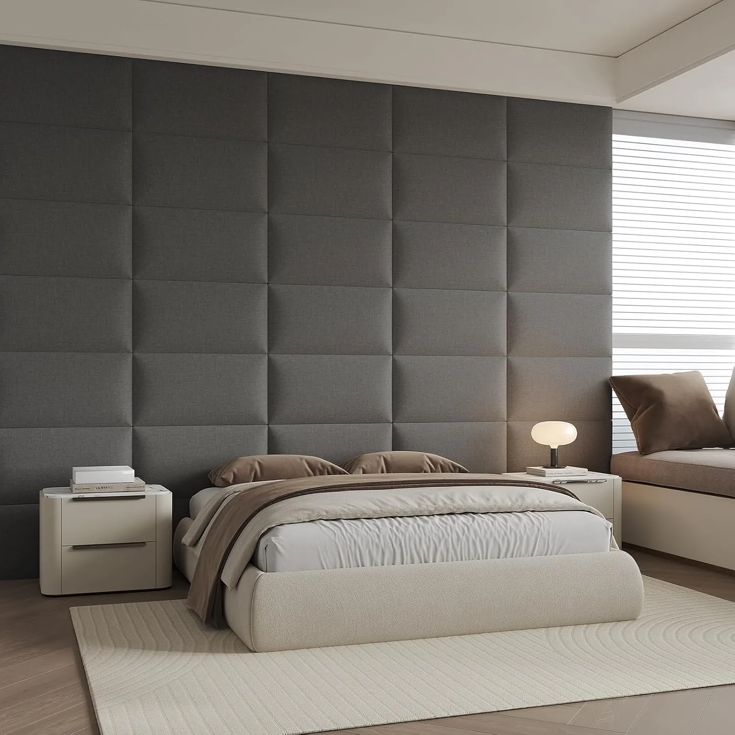 Industrial Dark Gray Linen Non-Adhesive Headboard 24x12 Inch 6-Panel Kit - Peel and Stick Design for Queen Beds, Temporary Space Solution