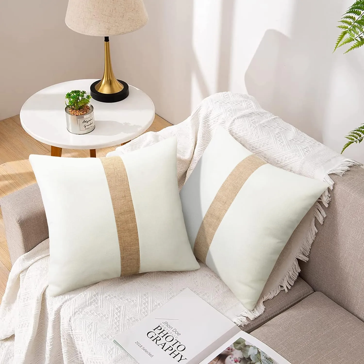 JASEN Farmhouse Decorative Throw Pillow Covers Boho Modern Decor Pillow Case White Patchwork Accent Pillow Cover for Couch Sofa Bed 18 x 18 Inch