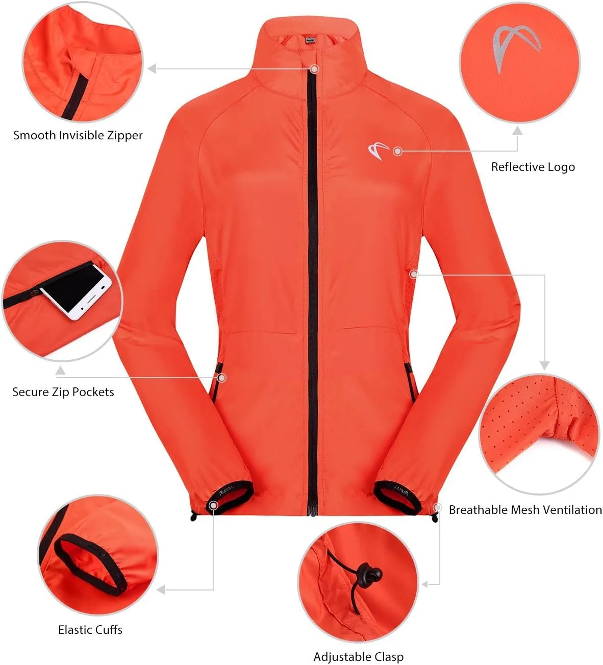 J.CARP Women's Packable Windbreaker Jacket, Super Lightweight and Visible, Outdoor Active Cycling Running Skin Coat