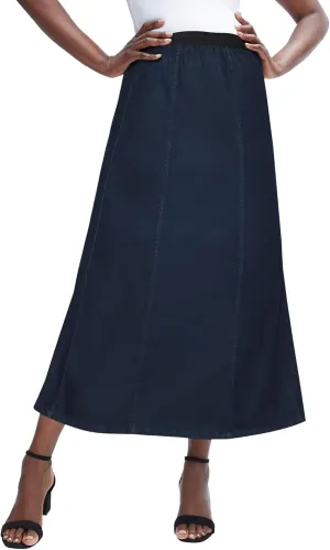 Jessica London Women's Plus Size Stretch Denim Skirt Elastic Waist Long Jean Maxi Skirt