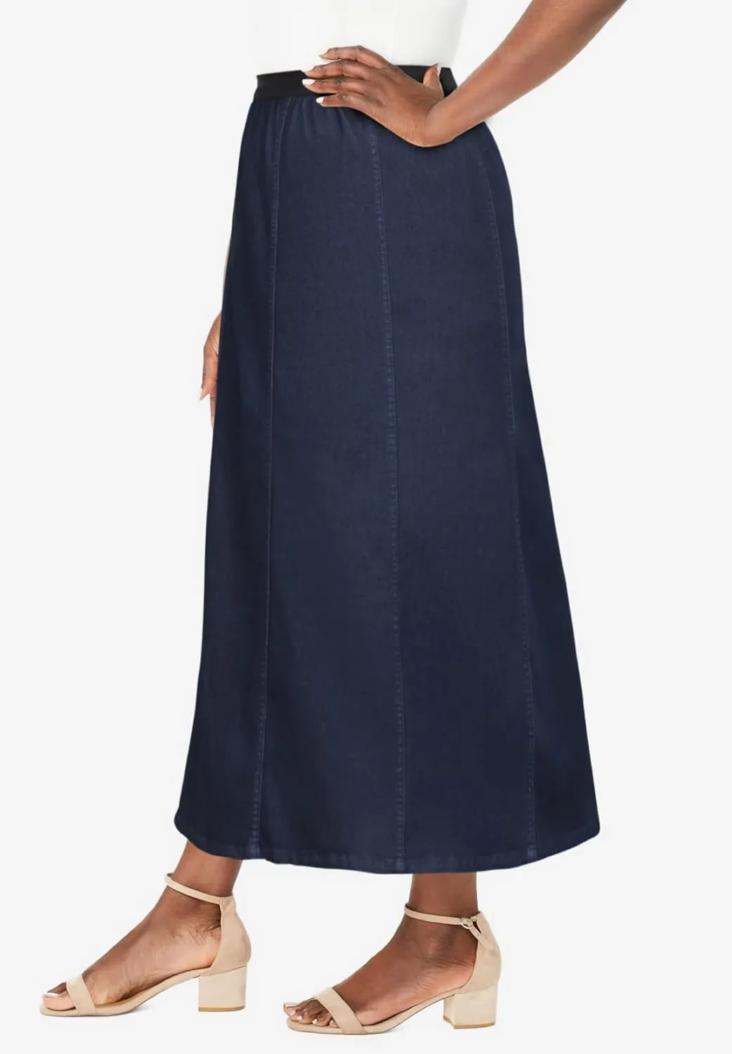Jessica London Women's Plus Size Stretch Denim Skirt Elastic Waist Long Jean Maxi Skirt