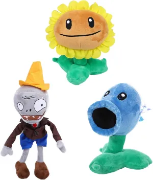 JHESAO 3 PCS Plants and Zombies Plush Conehead Zombies Plants Sets Toy Peashooter, 1 2 Stuffed Soft Conehead Zombie Doll, Sunflower PVZ Plush Figure Doll New
