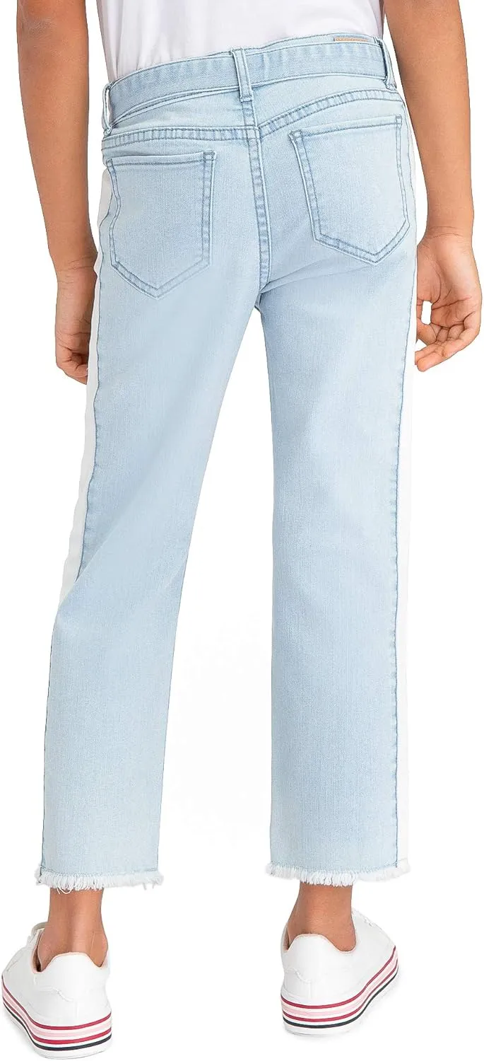 Jordache Premium Girls' Color Block Side Stripe Belted Denim Jean (White Light Wash)