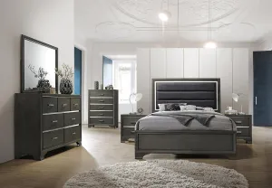 Kings Brand Furniture – 6-Piece Gray Wood with Faux Leather Headboard King Bedroom Set. Bed, Dresser, Mirror, Chest, 2 Night Stands