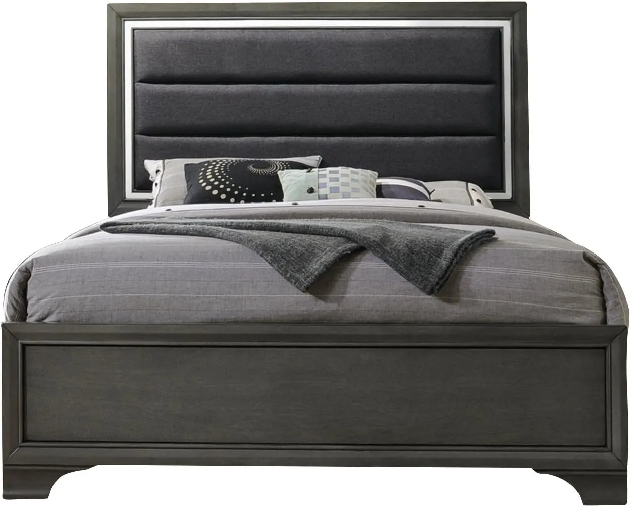 Kings Brand Furniture – 6-Piece Gray Wood with Faux Leather Headboard King Bedroom Set. Bed, Dresser, Mirror, Chest, 2 Night Stands