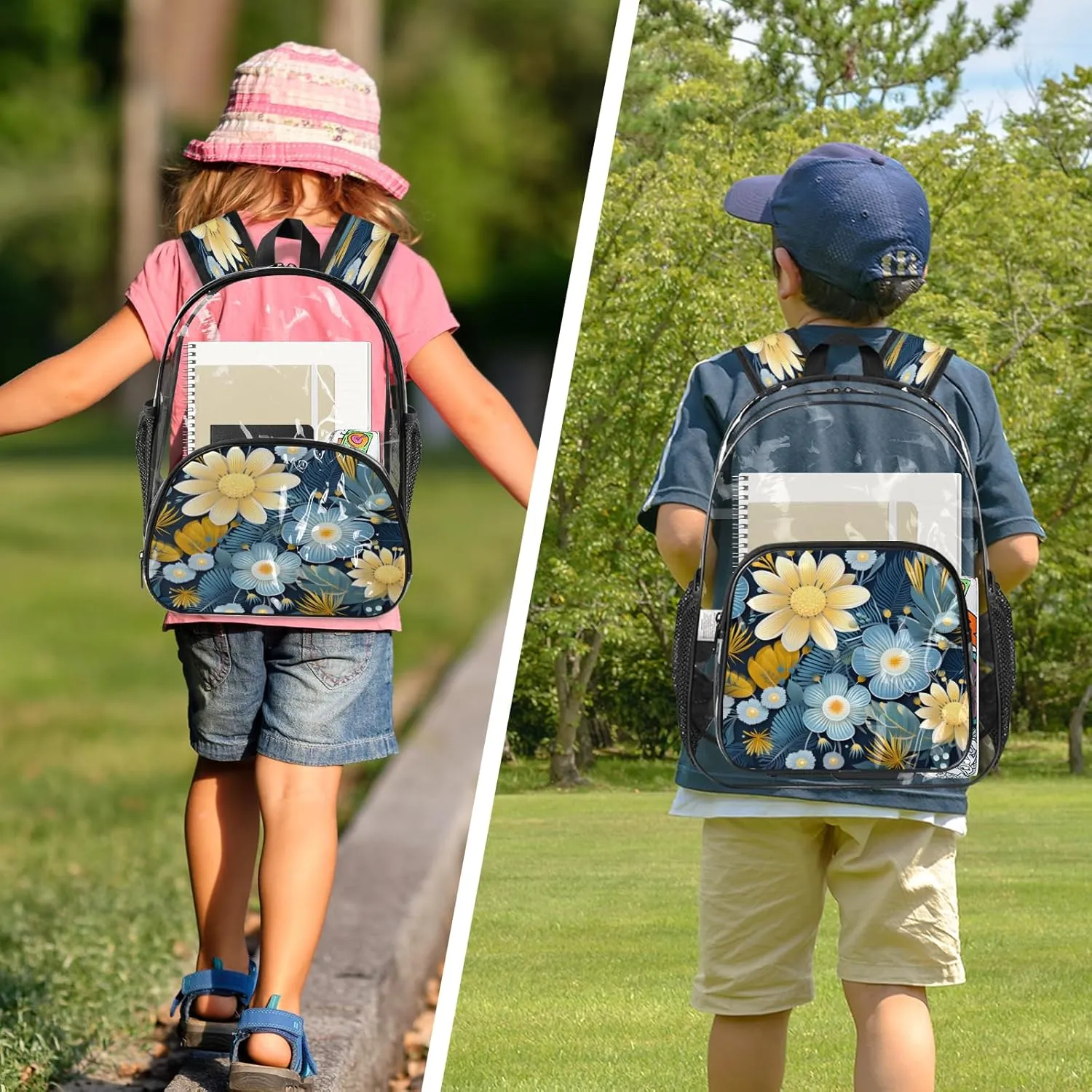 KOBLEN Blue Yellow Floral 14.2 Inch Clear Backpack, Heavy Duty Transparent PVC Daypack with Adjustable Padded Straps, Large Capacity Clear Bag for Festival, Concerts, Travel