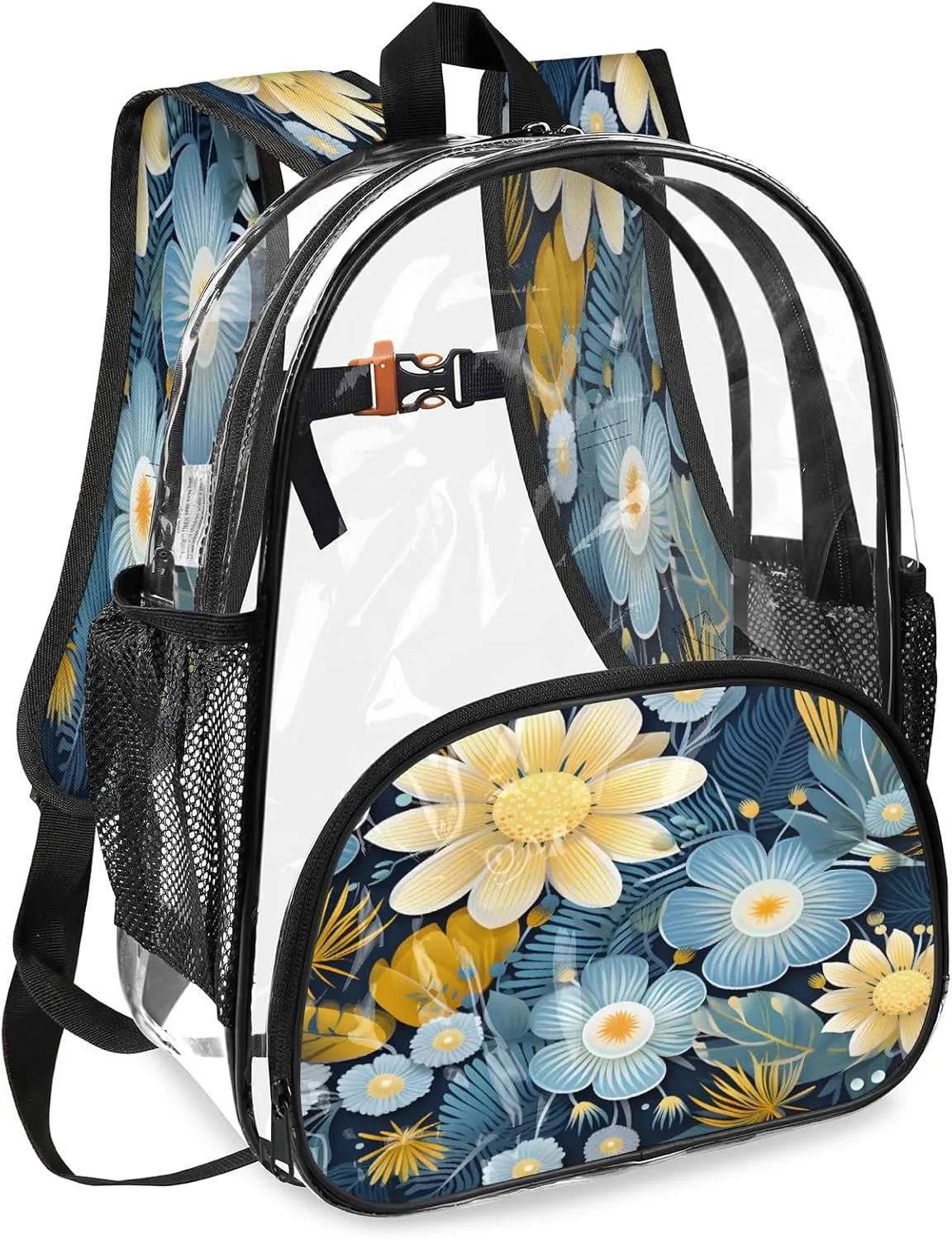 KOBLEN Blue Yellow Floral 14.2 Inch Clear Backpack, Heavy Duty Transparent PVC Daypack with Adjustable Padded Straps, Large Capacity Clear Bag for Festival, Concerts, Travel