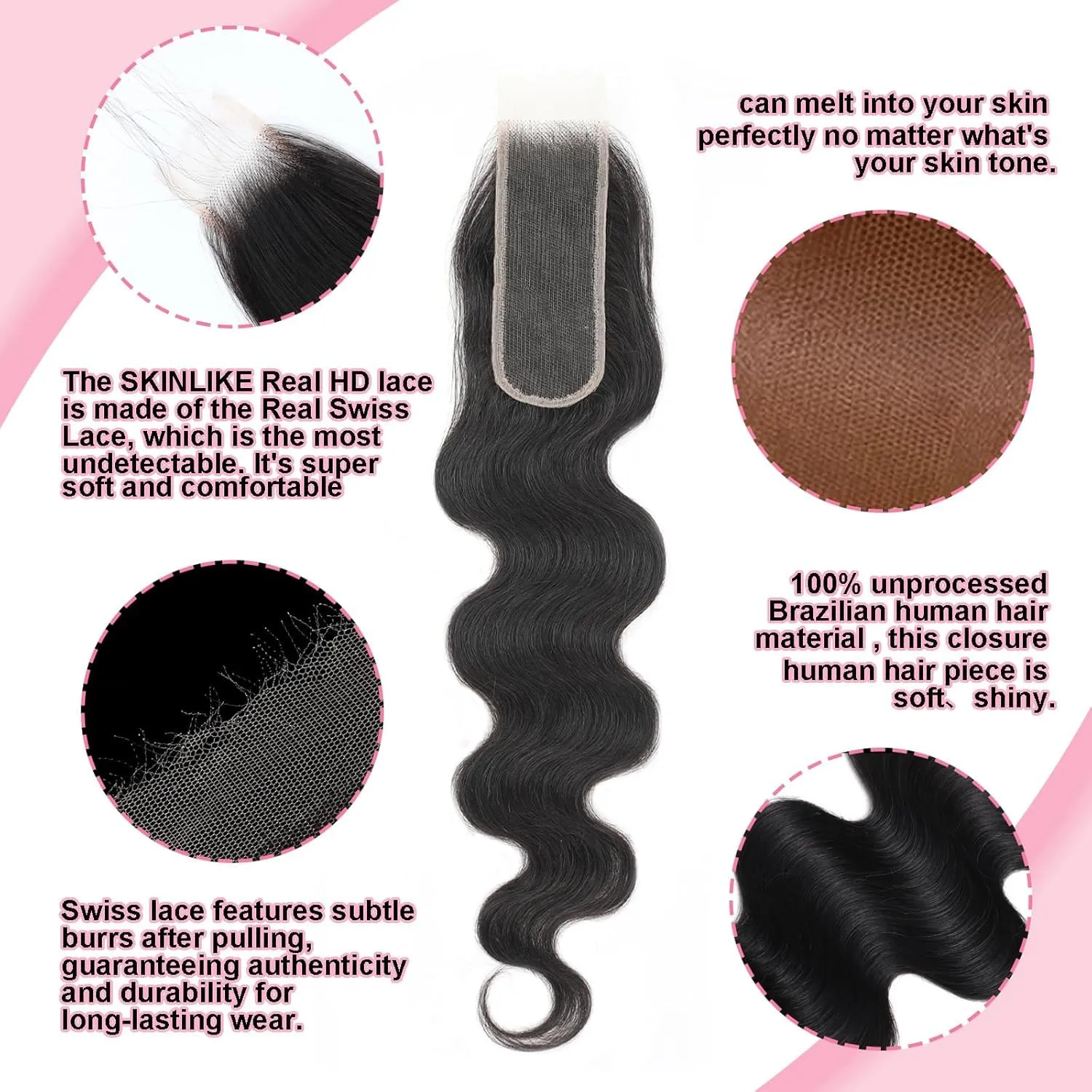 KRN 2x6 HD Lace Closure, 0.11mm Ultra-thin Invisible Swiss HD Lace Closure Pre Plucked with Baby Hair Long Deep Parting 2x6 Lace Closure Body Wave Virgin Human 12 Inch