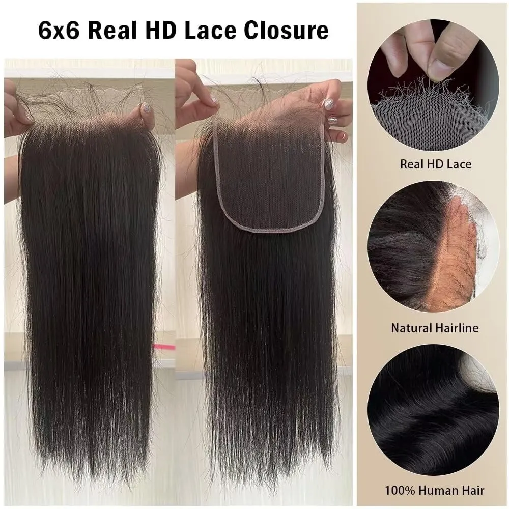 KRN 6x6 Skinlike Real HD Lace Closure, 0.11mm Ultra-thin Swiss HD Lace Closure Pre Plucked With Baby Hair Natural Black Straight Human Hair Closure 16 Inch