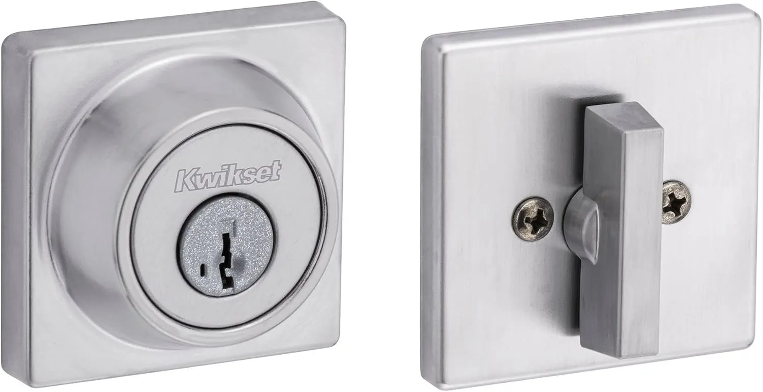 Kwikset 660 Contemporary Deadbolt Deadbolt Lock, Satin Chrome Square Exterior Keyed Front Entry Door, Pick Resistant SmartKey Rekey Security, Single Cylinder Dead Bolt