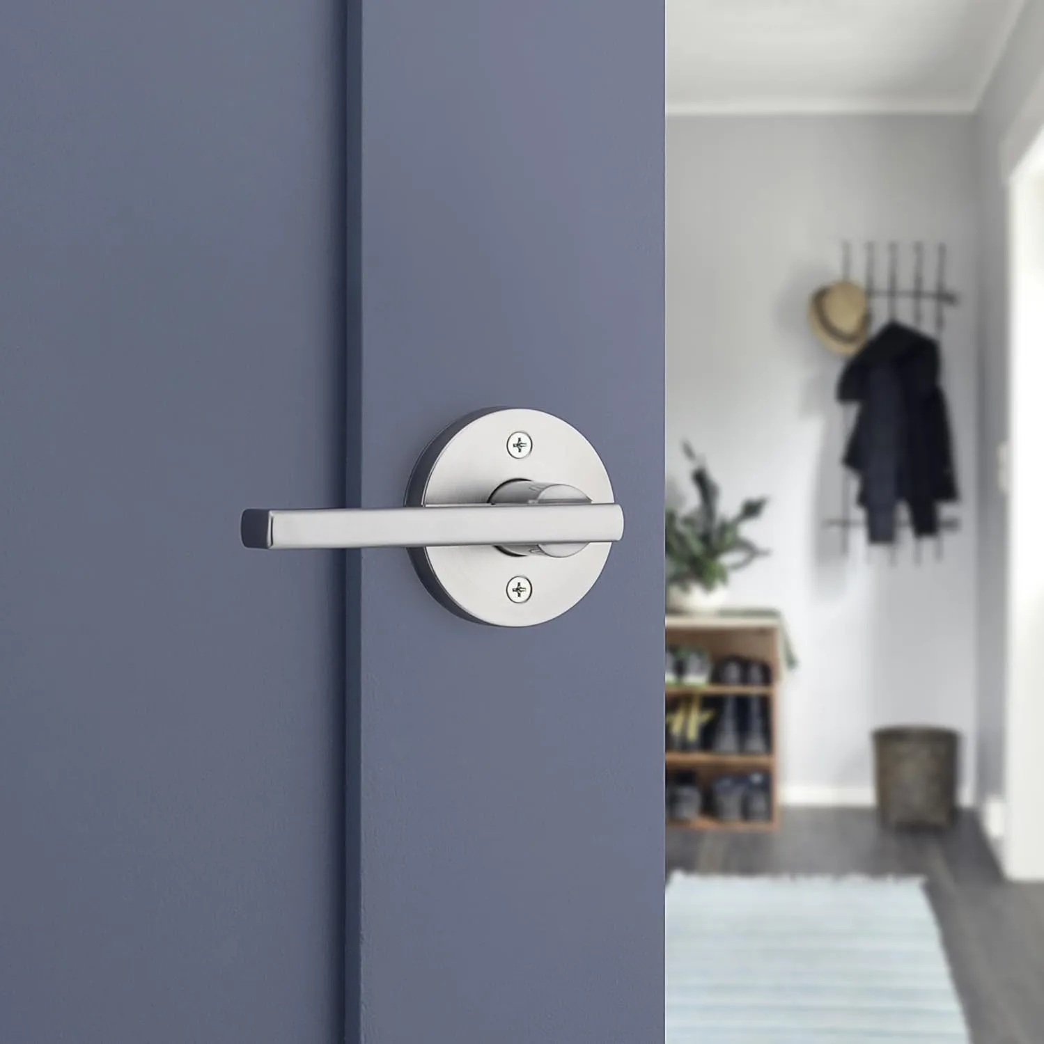 Kwikset Halifax Dummy Door Handle, Single Sided Round Lever for Closets, French Double Doors, and Pantry, Satin Chrome Non-Turning Reversible Interior Push/Pull Lever, with Microban Protection