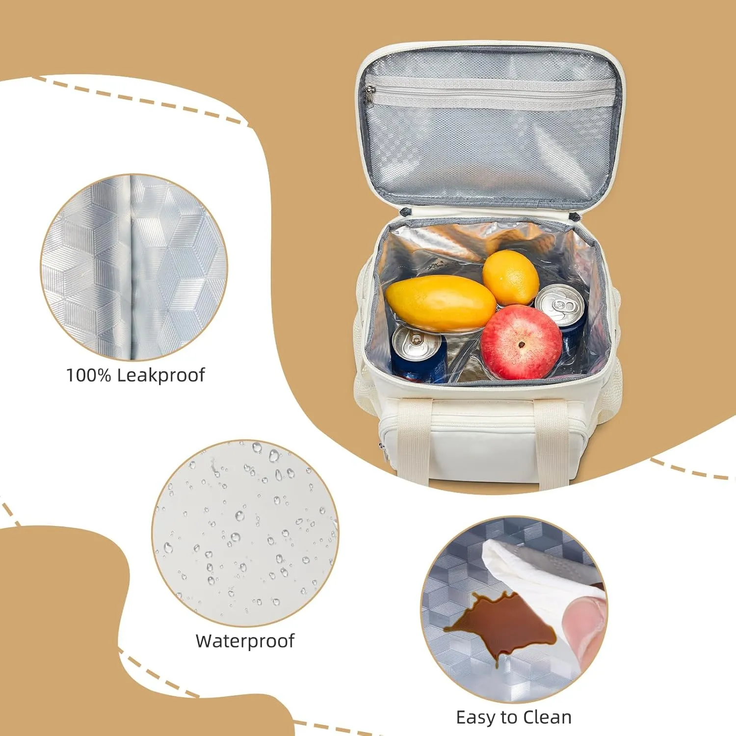 Large Insulated Lunch Bag for Women - Reusable, Waterproof, Leakproof - Work, Picnic, Beach, Outdoor, Camping - 10L White