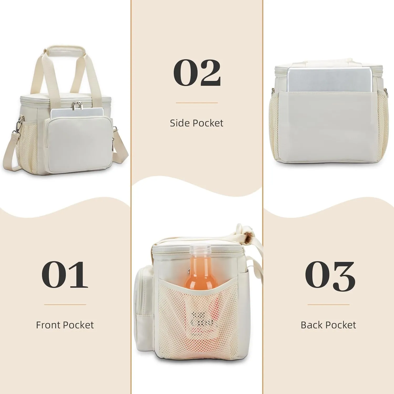 Large Insulated Lunch Bag for Women - Reusable, Waterproof, Leakproof - Work, Picnic, Beach, Outdoor, Camping - 10L White